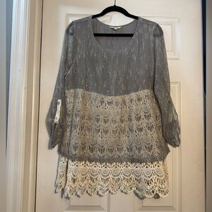 Boho Crochet Lace Mesh Tunic Top Lagenlook Cottagecore Blouse L